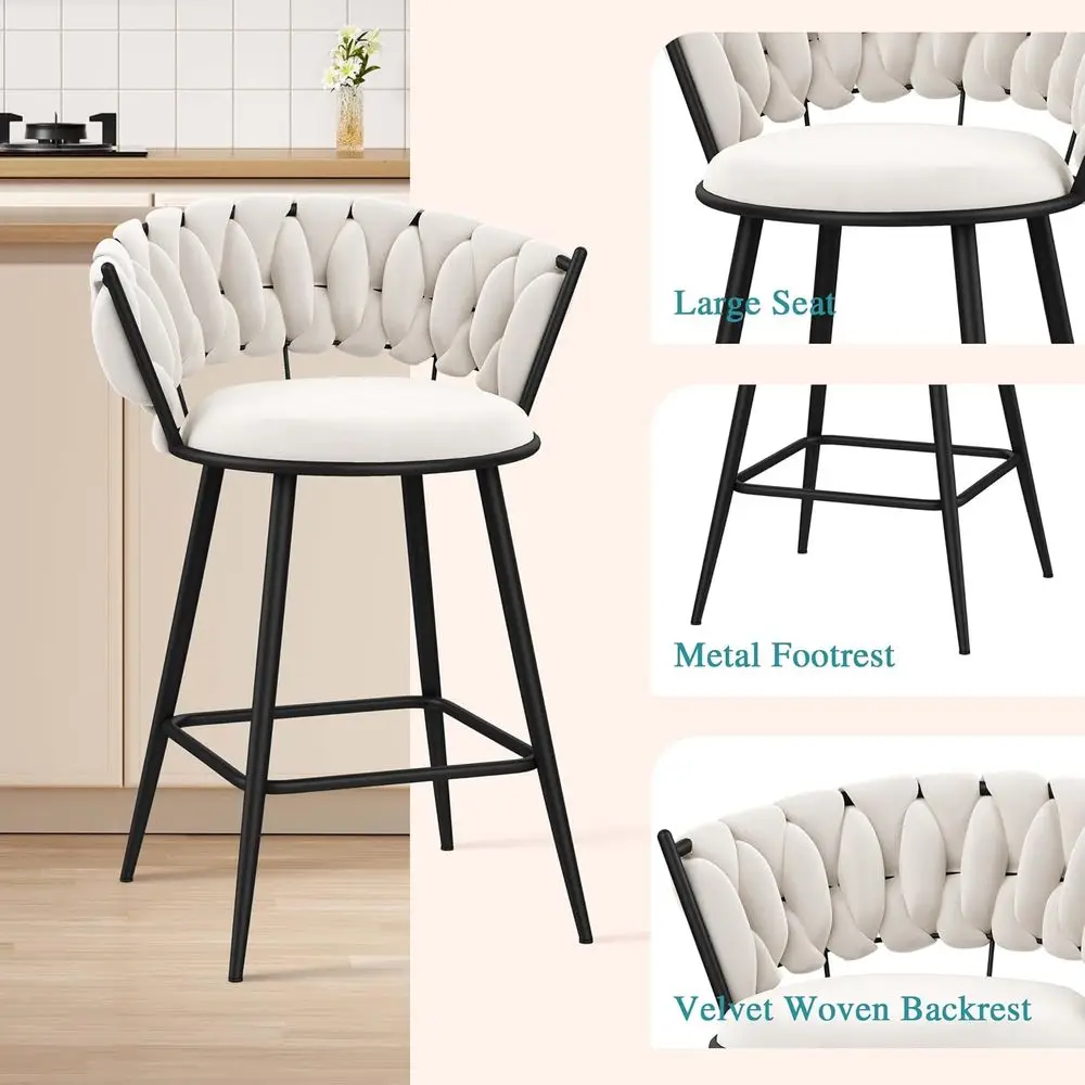 Set of 4 Velvet Bar Stools, Upholstered Woven Counter Height with Back, Ideal for Kitchen Island, Dining Room - Ivory - view 4