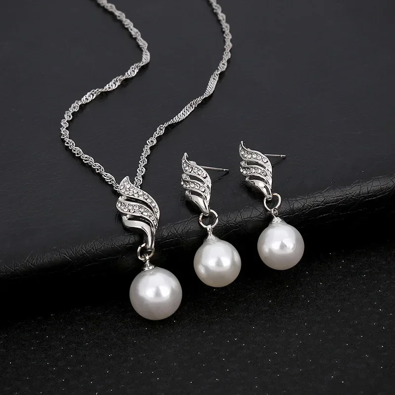 Fashion Rhinestone Wedding Bridal Jewelry Sets For Women Imitation Pearl Pendant  Necklace Earrings Set Party Jewelry Gifts New