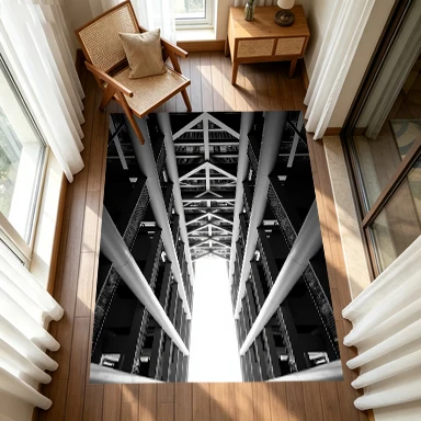 Black-and-White Industrial Building Architecture Carpet Flooring, Geometric Structural Non-Slip Floor Rug for Living Room Bedroom Office Home Decoration