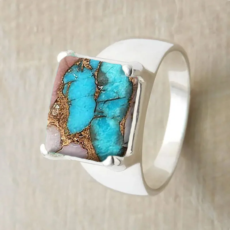 Boho Chic Blue Resin Ring - Unique Geometric Design, Perfect for Birthday/Anniversary Gift | Plated White Gold Anniversary Party