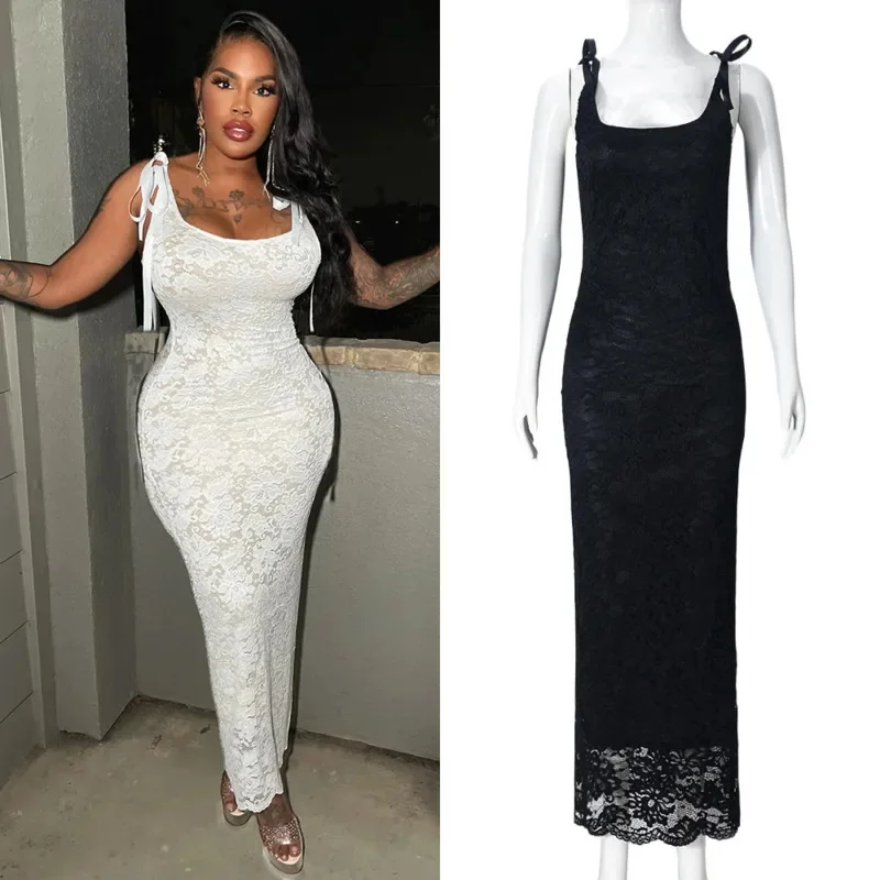 Moda feminina vestido de alça arco sexy sem costas rendas dupla camada vestido longo verão elegante floral fino ajuste vestido de cor sólida