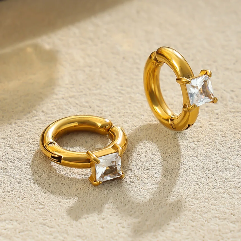 PuRui Elegant 18K Gold Plated Stainless Steel Clips Earrings for Women Simple Cubic Zirconia C-shape Non Piercing Ear Clip