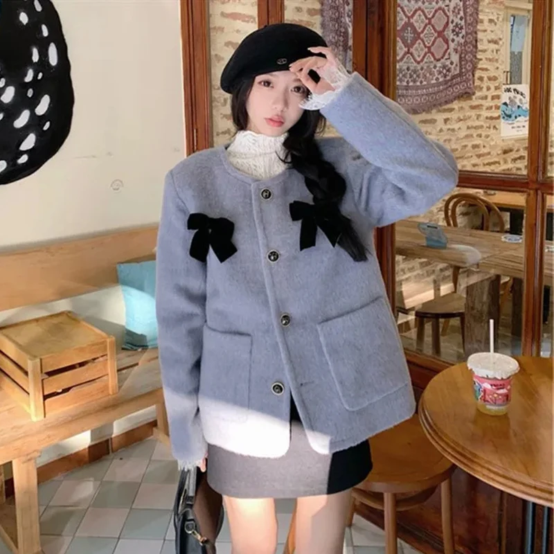 

Элегантные шерстяные пальто с бантом, женские пуговицы с круглым вырезом, офисная женская повседневная шикарная верхняя одежда, женские карманные маленькие ароматные модные свободные топы