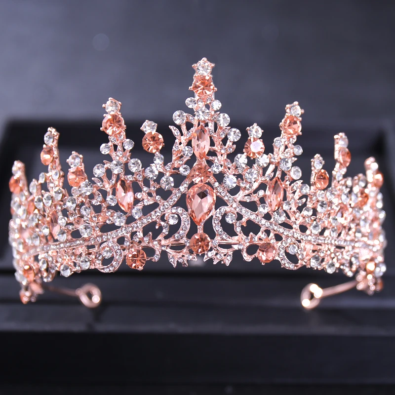 Baroque Vintage Rose Gold Crowns And Tiaras Peach Crystal Bridal Women Tiara Crown Pageant Prom Diadem Wedding Hair Accessories