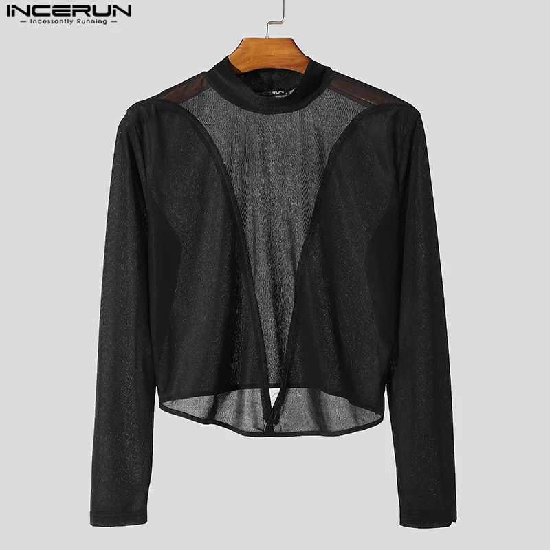 INCERUN Tops 2024 American Style Men's Sexy O-neck See-through Splicing Cropped T-shirt Male Clubwear Thin Long Sleeved Camiseta