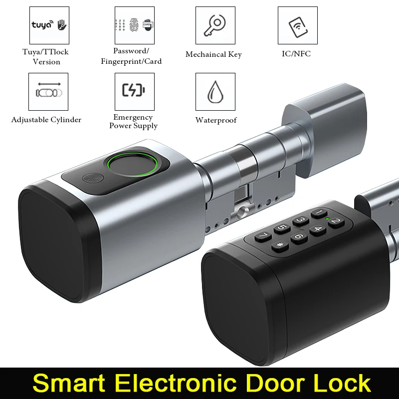 Serratura elettronica intelligente APP/Password/Scheda/Chiave/Sblocco impronta digitale APP Tuya TTLock Serratura a cilindro regolabile intelligente per la casa