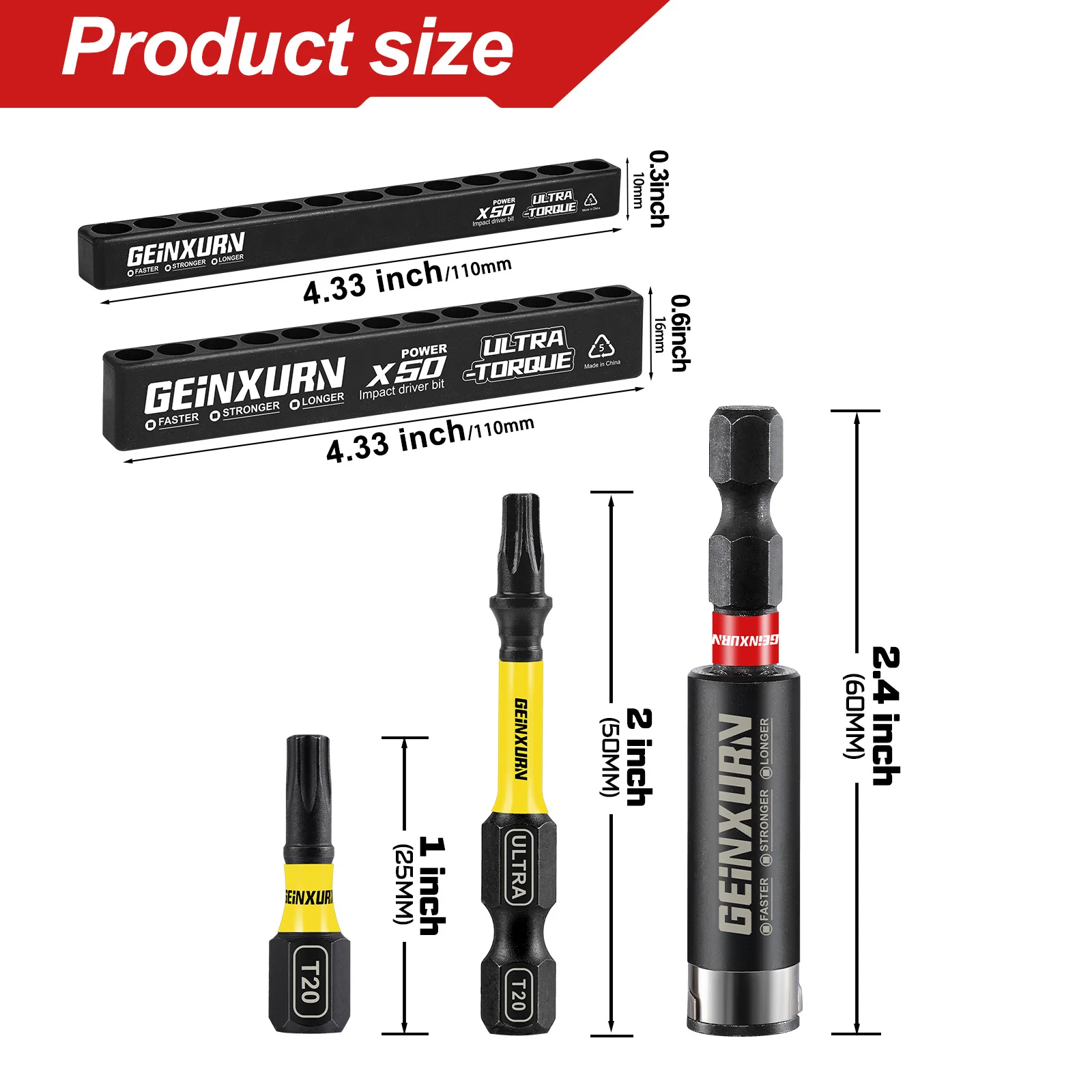 Geinxurn Impact Screwdriver Bits Set, 1”/2”Magnetic T20 S2 Steel Star Driver Bits and 1 Pcs Bit Holder with Color Coded Base