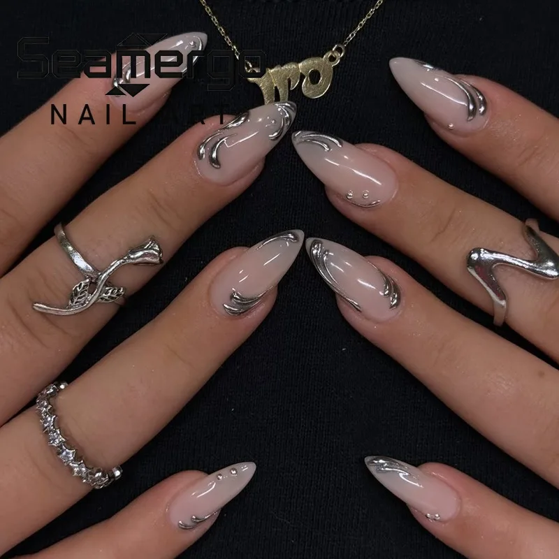 

24 шт. металлических серебристых накладных ногтей с узорами, французский маникюр, полное покрытие, простые нюдовые миндалевидные искусственные ногти для женщин, модные типсы для ногтей