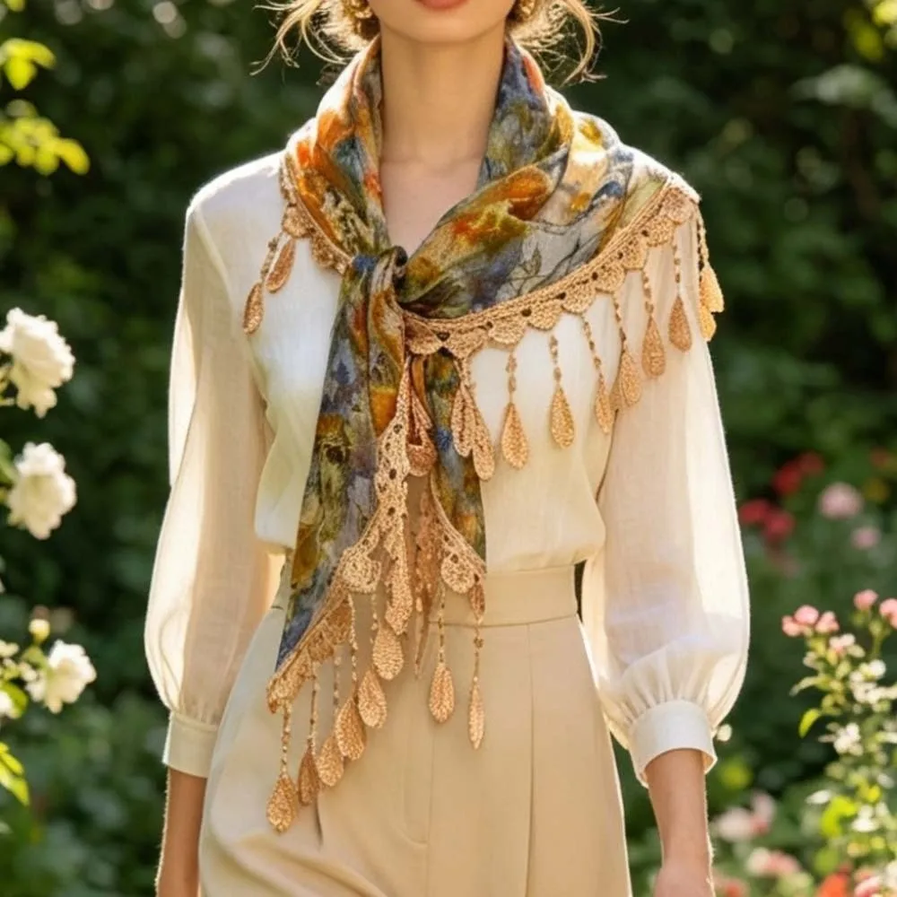 Floral Patterns Fringe Waist Belt Mesh Texture Tie Closure Chic Tassel Wrap Elegant Embroidery Sheer Fabric