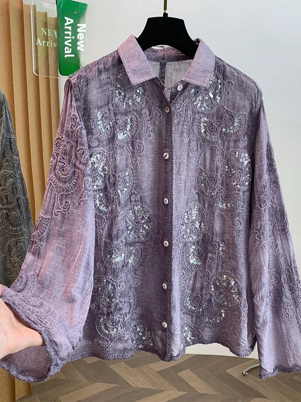 Retro Embroidered Long Sleeve Loose Women's Shirt  Beads Oversize Autumn New Style Versatile Open Cardigan Top