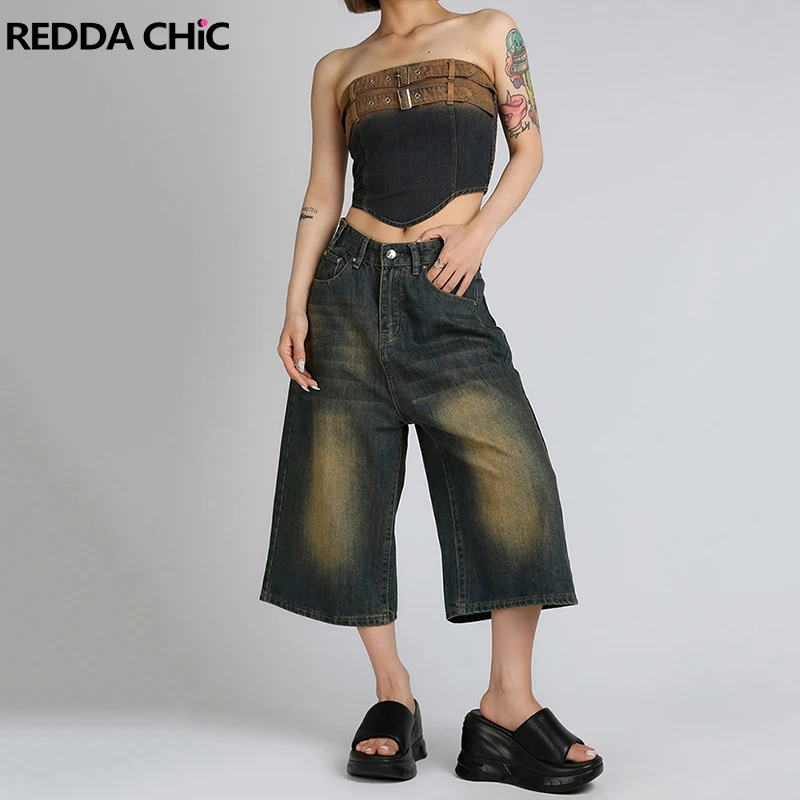 

ReddaChic Hiphop Whiskers Baggy Jeans Jorts Women Washed Distressed Low Waist Wide Leg Denim Short Pants Skater Retro Streetwear