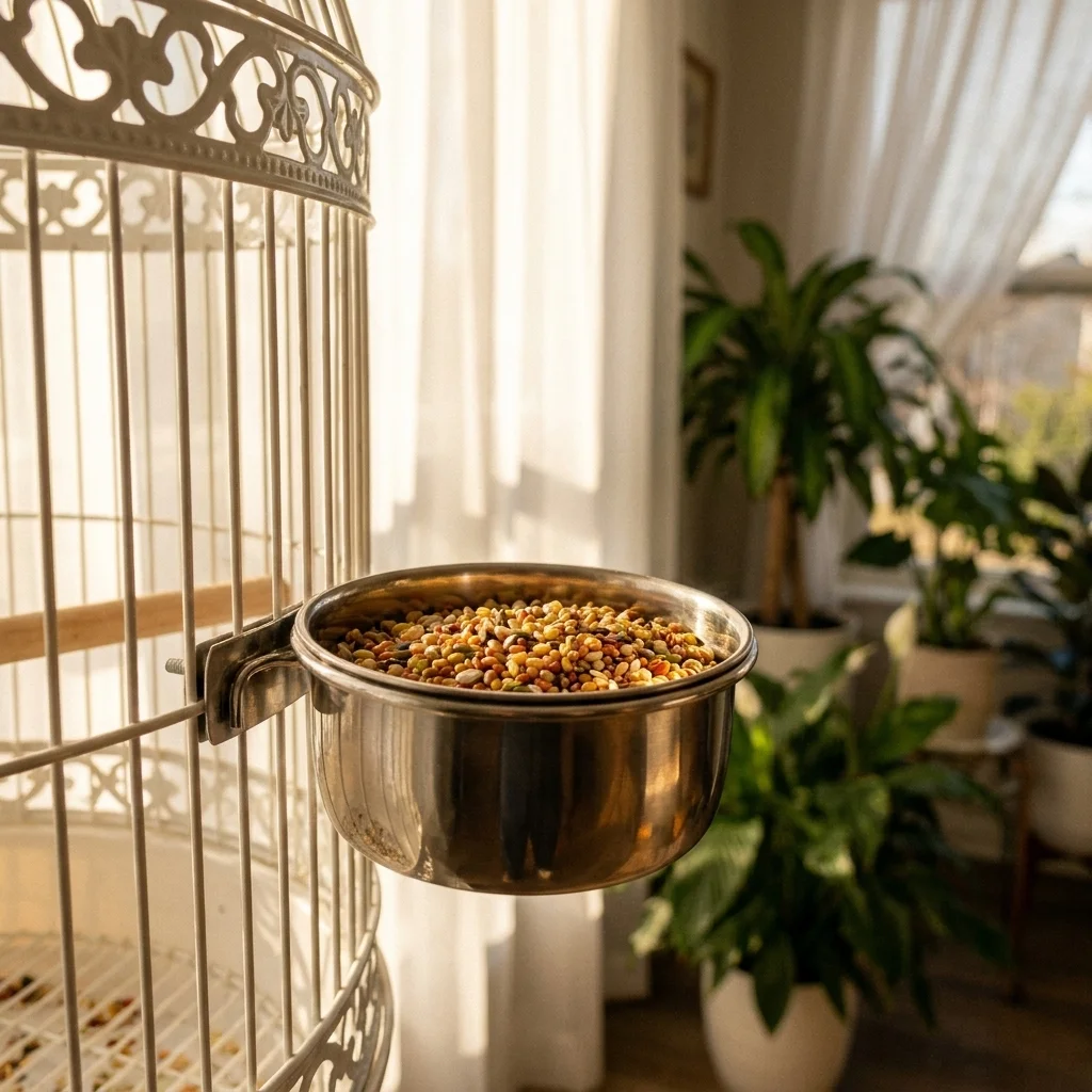 Vogelfutterspender aus Edelstahl, Trinkbecher, langlebige Futterschale für Papageien, Wassertrog