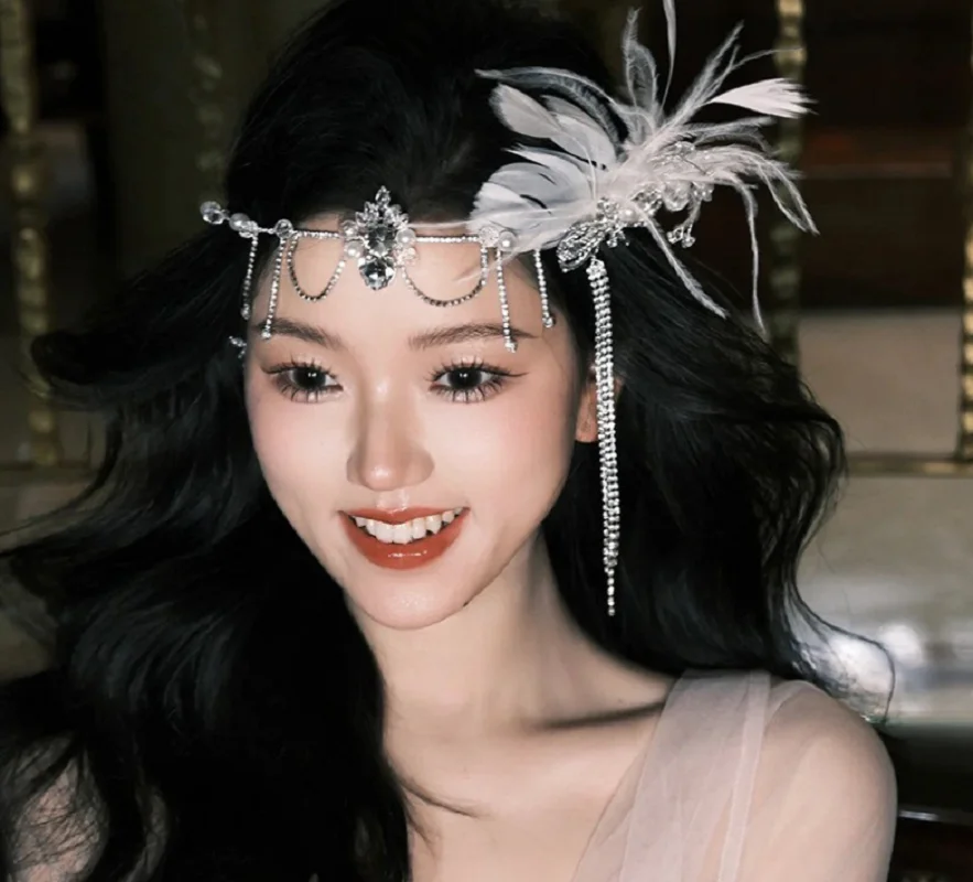 

Womens Headband Flower Rhinestones Fringe Headdress With Feathers