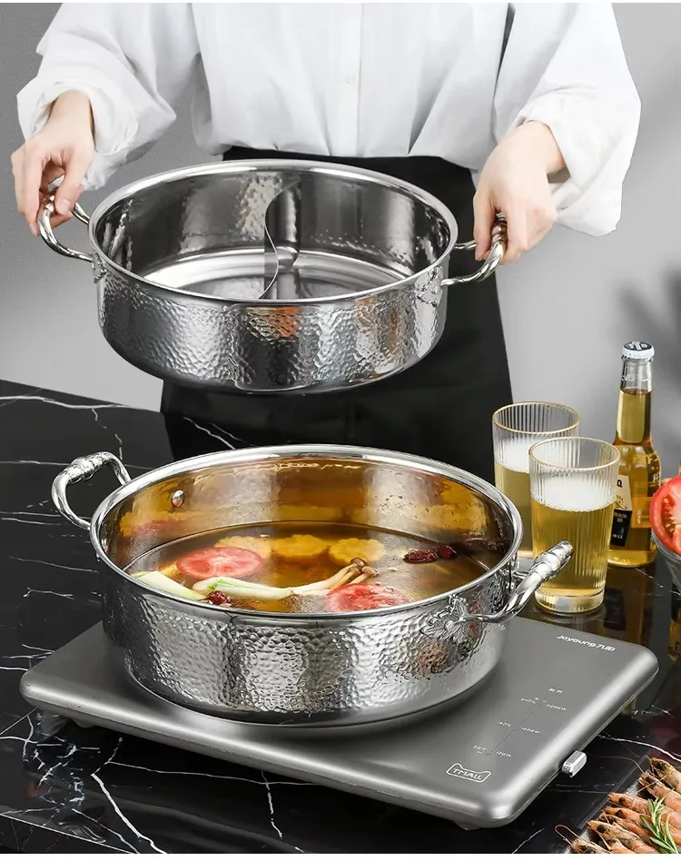 Italian manual hammer printing pot 3-layer steel clear soup pot Commercial double flavor 304 stainless steel thick hot pot