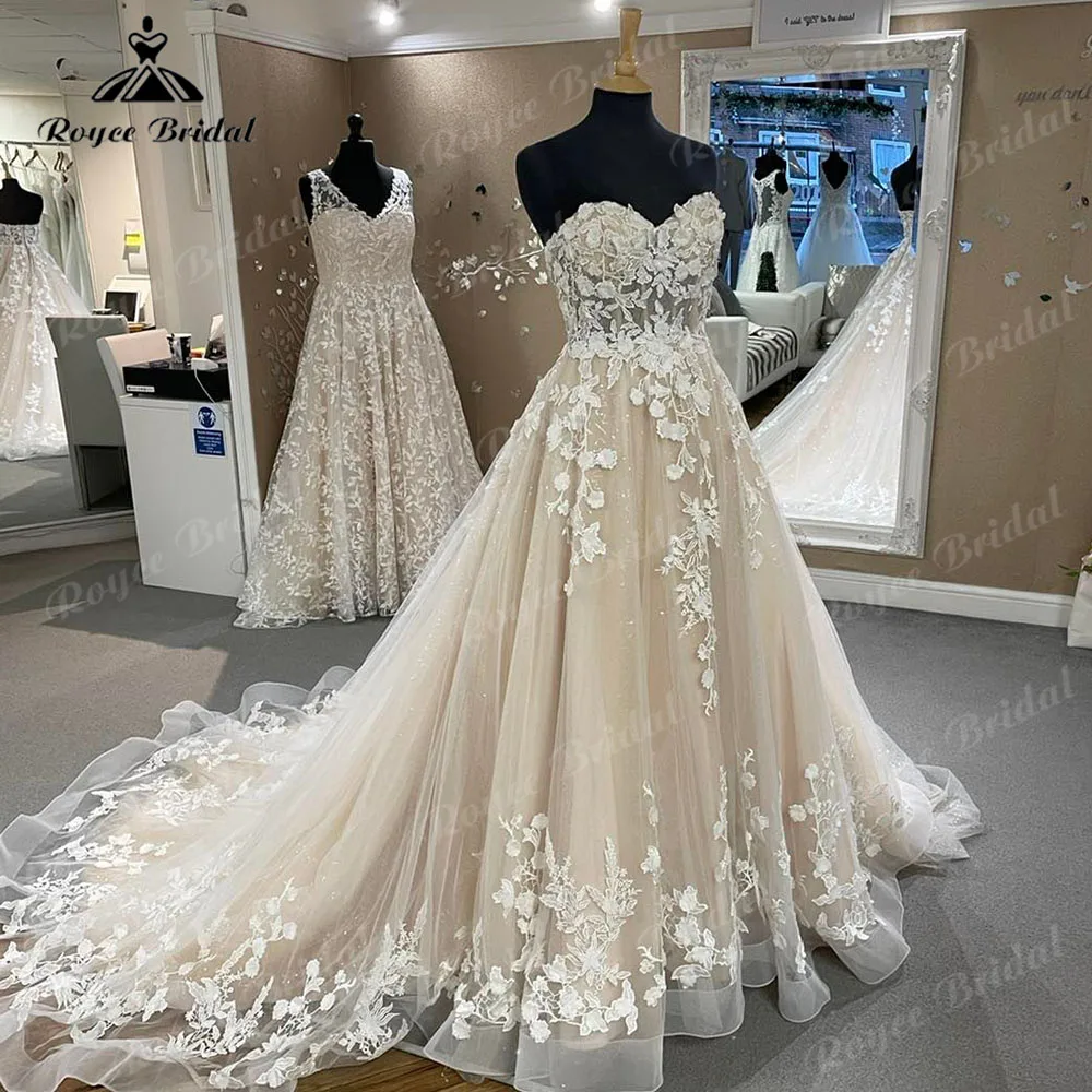 Luxury Off Shoulder Lace Princess Women Sweetheart Neck Wedding Dress for Bride 2024 Champagne Wedding Gown vestidos para boda