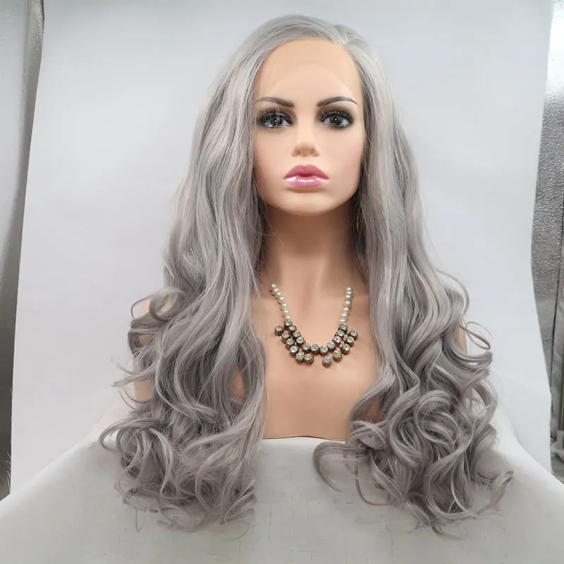 Silver Grey Deep Wave Hair Synthetic Lace Front Wigs High Quality Heat Resistant Fiber Hair Side Parting For Black Women Cosplay