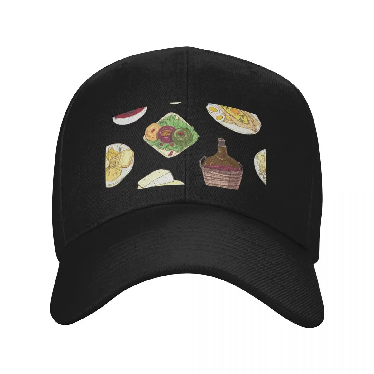 

Assorted Georgian Food Pattern - Khachapuri, Khinkali, Badrijani, Dolma, Kharcho, Wine and Cheese Baseball Cap