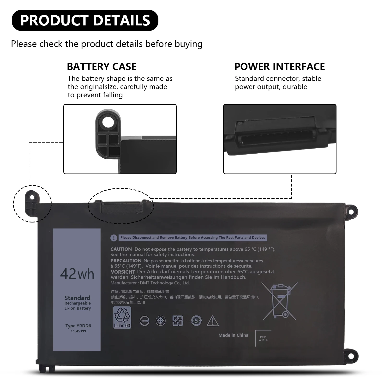 YRDD6 1VX1H Laptop Battery for Dell Vostro 3491 3591 3490 3590 3501 Inspiron 5481 5482 5485 5491 5591 5485 5585 5480 11.4V 42Wh