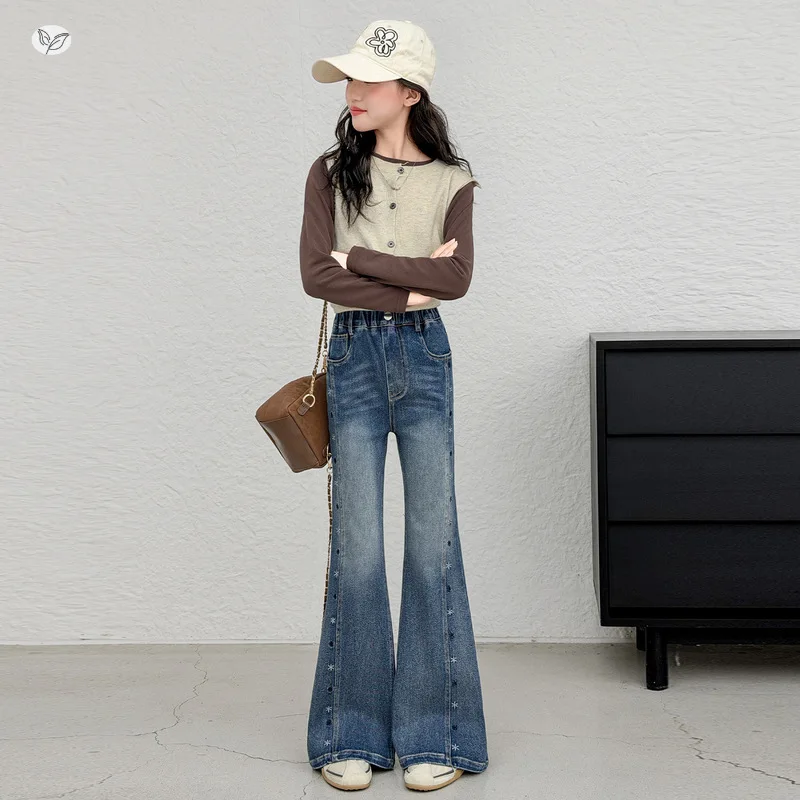 2026 New Zhongda Children's Side Embroidered Micro Pull up Pants Jeans High Waist Floor Pants