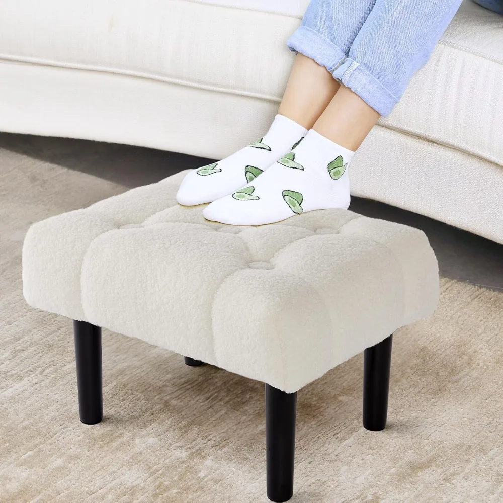 Fur upholstered footstool, small footstool with wooden legs, modern rectangular chair footstool footrest for living room