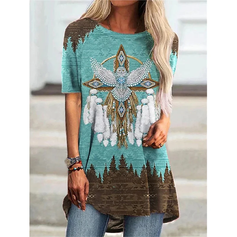 Zachodni aztecki styl etniczny 3D T-shirt z nadrukiem kobiet Streetwear t-shirty z krótkim rękawem Y2K topy kobiety tunika na krótki rękaw szeroka odzież
