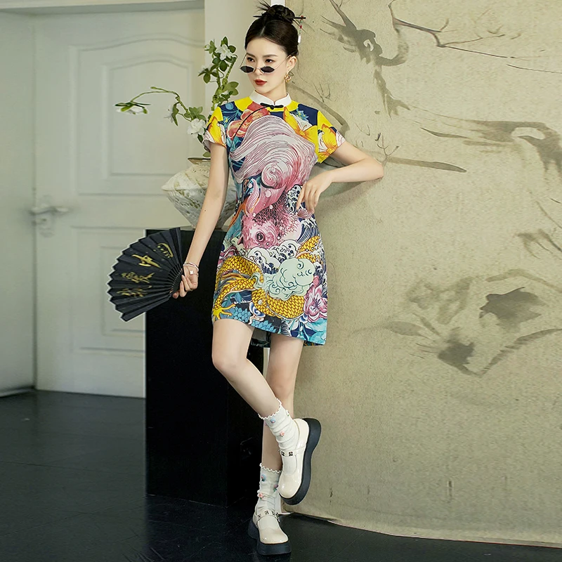 Bodycon سليم صالح ثوب مسائي أنيق النمط الصيني الحديث فستان تشيباو الأصفر - كوي التنين طباعة شيونغسام #4