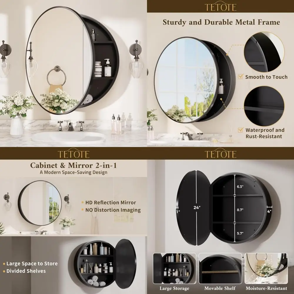 

24 Inch Round Black Framed Medicine Cabinet with Adjustable Shelves for Modern Bathroom
