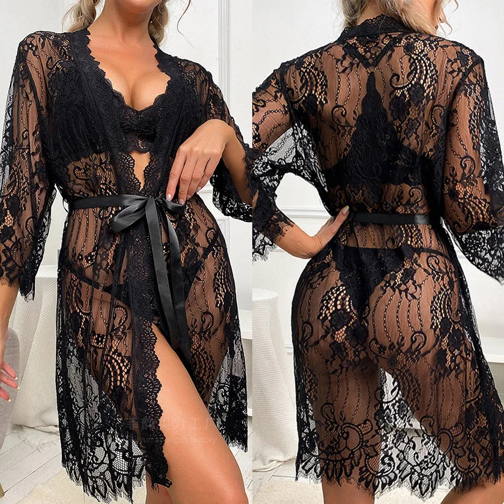 Women\'s Sexy Lace Robes Sexy Long Lingerie Soft Comfortable Sleepwear Nightwear Lady\'s Bathrobe Dress See Through Sheer Pajamas