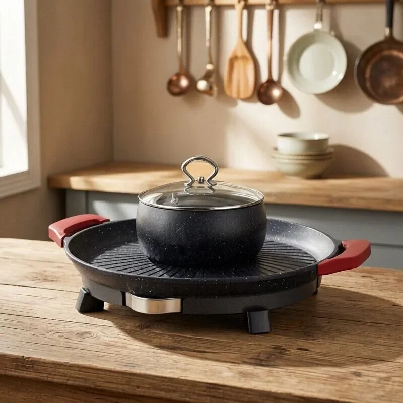 Electric BBQ Grill Pan Round Maifan Stone Coating Household Smokeless Barbecue Plate Korean Teppanyaki Cookware for Home