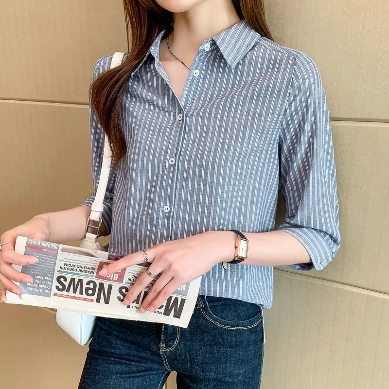 2023 Autumn and Winter New Korean Version Commuter Women\'s Clothing Splice Button 3/4 Sleeve POLO Collar Versatile Striped Shirt