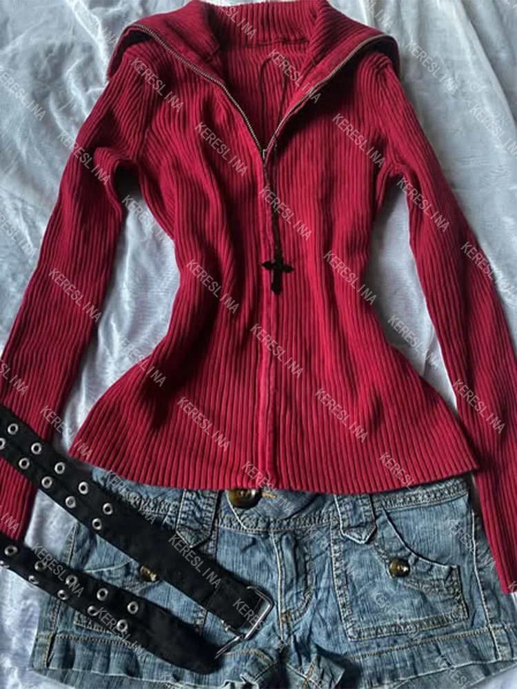 

2000s Vintage aesthetic punk hip-hop casual versatile women zipper cardigan jacket solid color sweet Y2K new fashion jacket emo