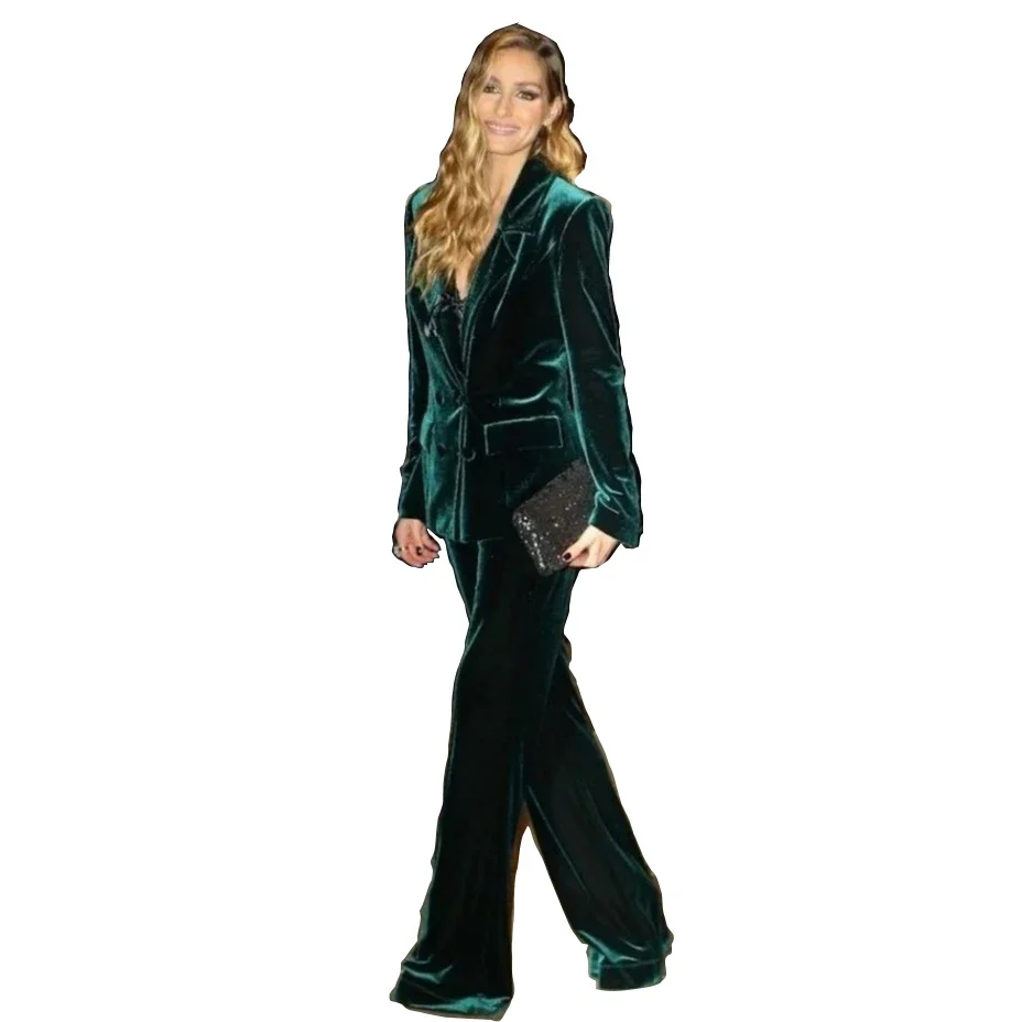 Green Velvet Women Suits Long Sleeve Double Breasted Notched Lapel Loose 2 Piece Jacket Pants Elegant Blazer Formal Clothing