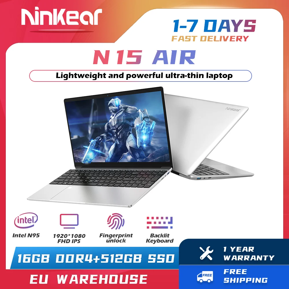 Ninkear-N15 Air Laptop com desbloqueio de impressão digital, teclado retroiluminado, Windows 11, 15.6 \