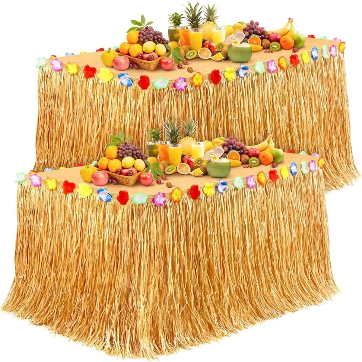 A48U 2 Pcs Luau Grass Table Skirt Hawaiian Grass Table Skirt with Party Decorations for Luau Birthday Summer Beach Party
