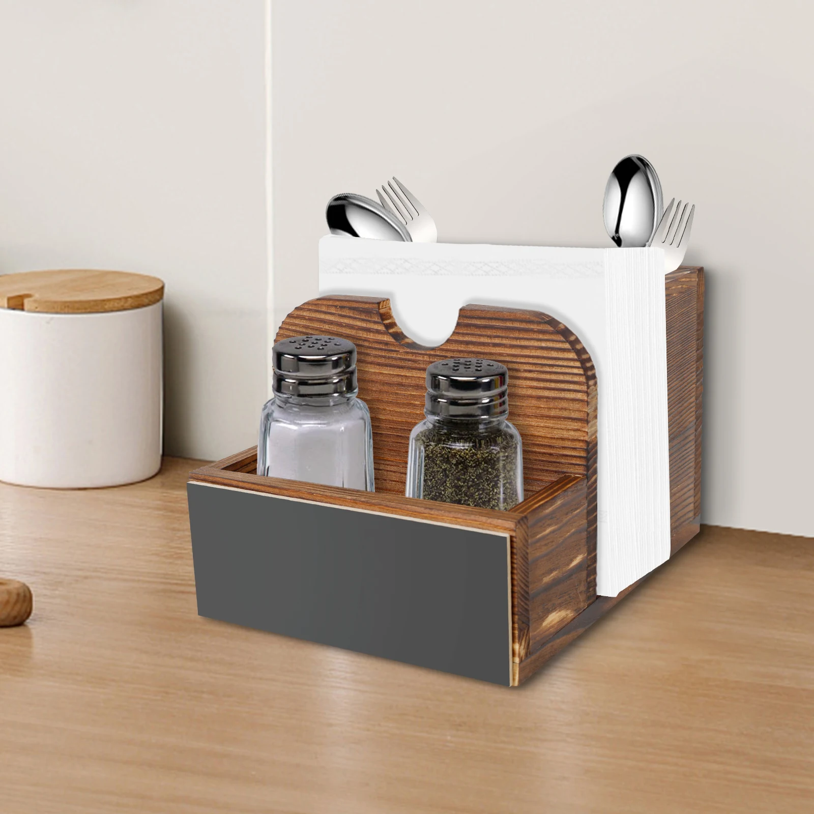 Servilletero, sal y pimienta, caja de soporte de pañuelos de escritorio de madera Vintage con pizarra grabable para comedor, estante de especias
