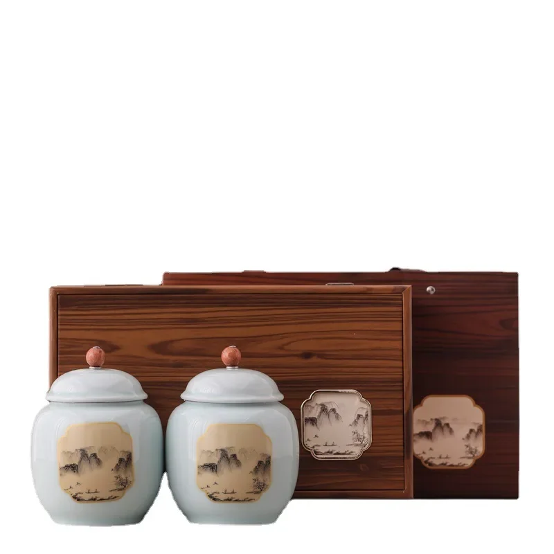 Tea can celadon, double can set, tea packaging ceramic jar