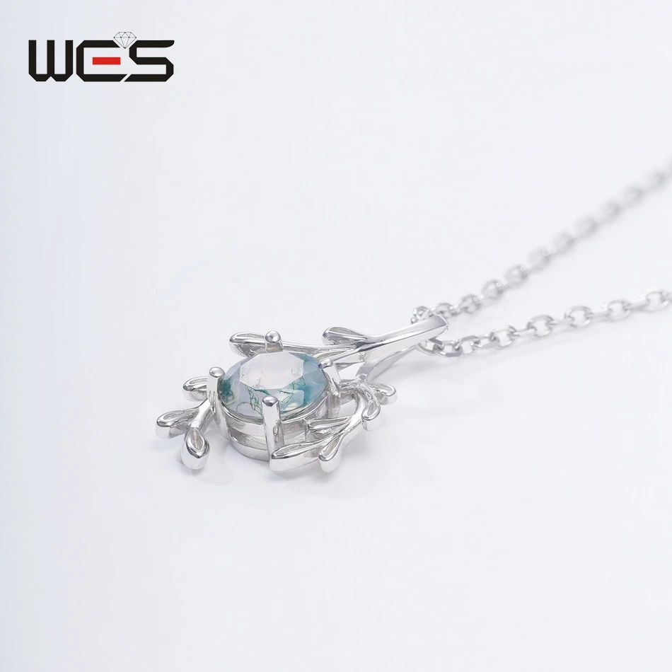 WES 100% 925 Sterling Silver Natural 7*7mm Moss Agate Pendant Necklace For Woman Wedding Olive Branch Design Gifts Fine Jewelry