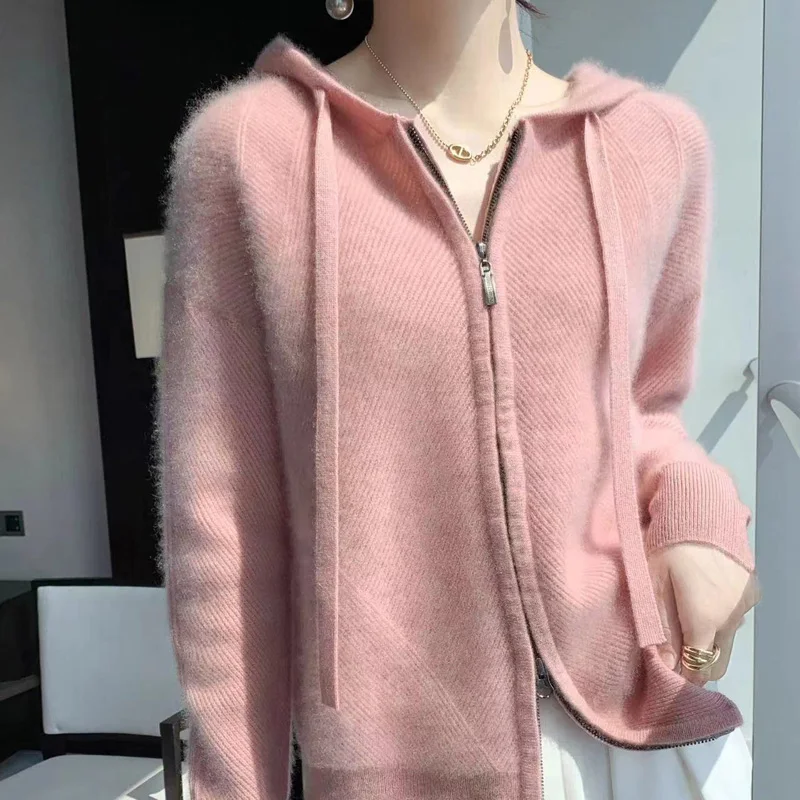 

Fashion 100% Merino Wool Hooded Zipper Elegant Solid Color knitted Cardigan Cashmere Soft Long Sleeves Warm Clothing Top