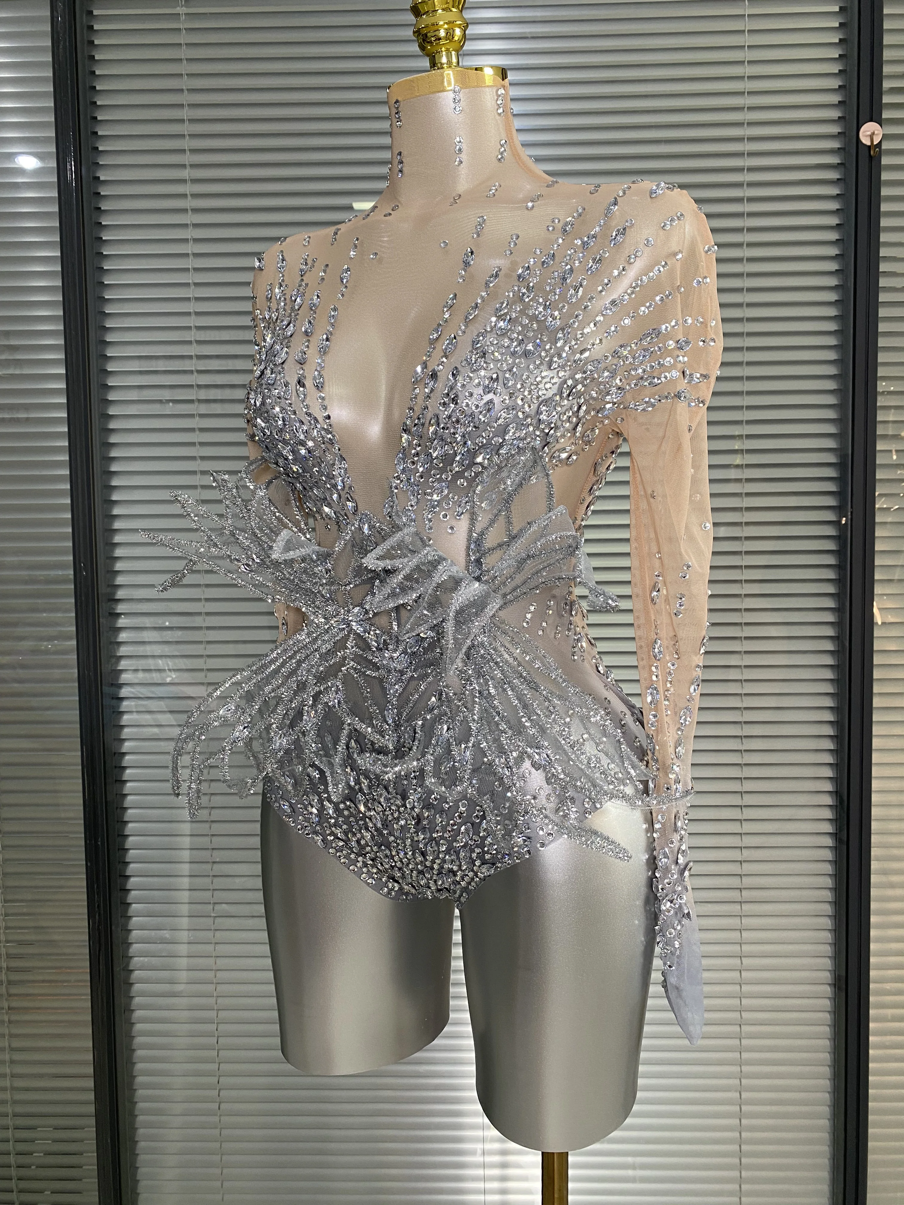 Sparkly Diamonds Women Sexy Mesh See Through Stretchy Bodycon Sleeve Bodysuit Party Nightclub Stage Wear Performance Costume