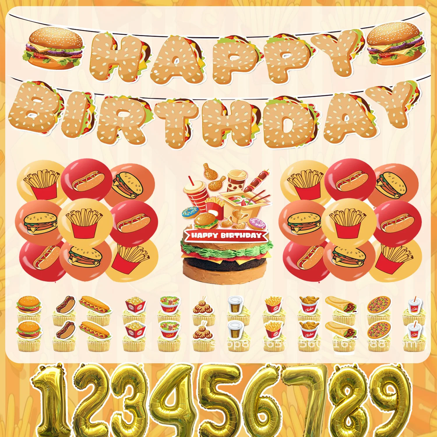 Set de Decoración para Fiesta de Cumpleaños con Temática de Hamburguesas, Pancarta, Globo con Número, Adorno para Pastel, Kit de Suministros para Fiesta Infantil con Temática de Hamburguesas