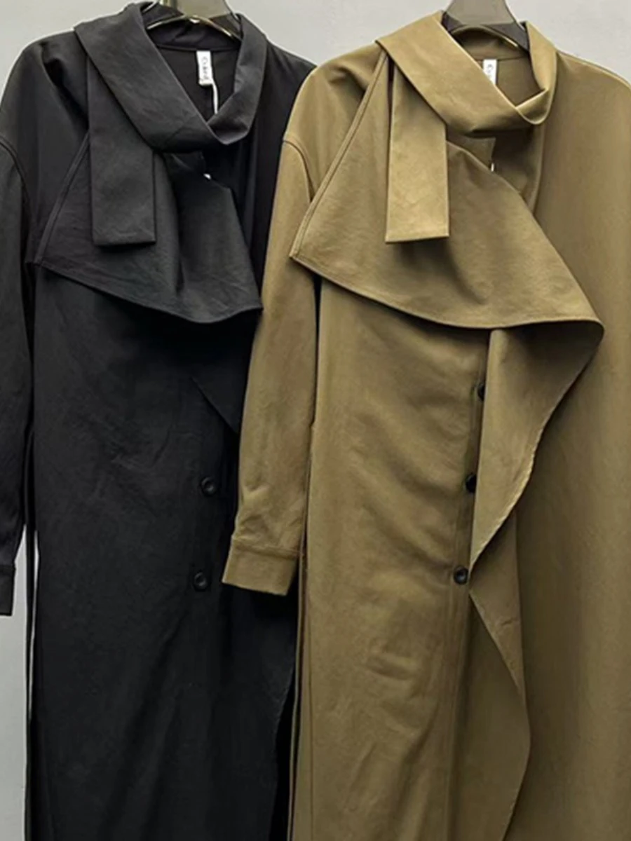 GALCAUR Solid Spliced Ruffles Korean Trench Female Lapel Long Sleeve Loose High End Women's Trenchs Autumn Fashion Clothing New