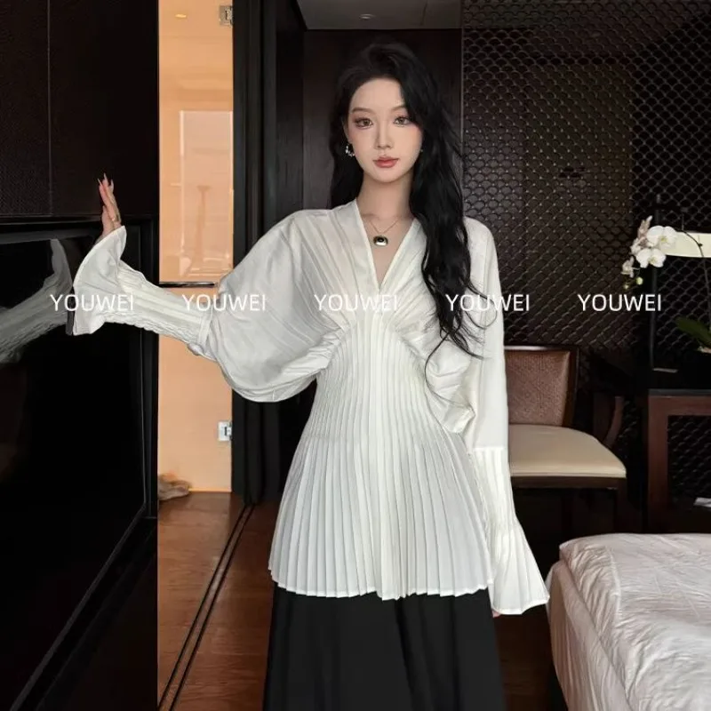 Women's Spring/Summer Top Shirt Bell Sleeves Retro Simple Comfortable Loose Casual Design Fashion Advanced Soft Niche Versatile