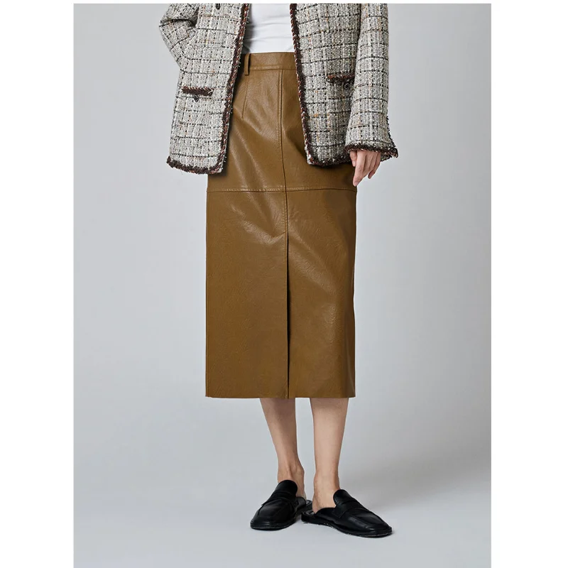 High Waist PU Skirt Women A-line Autumn Leather New Slightly Wrinkled Mid-length Split Line Skirts Soft Double Side Pocket Black