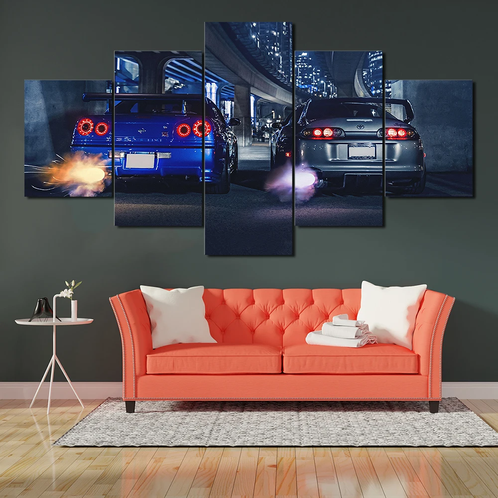 Canvas Wall Art Poster Painting 5 Panels GTR R34 VS Supra Vehicle Car Picture Print Living Room Interior Home Decor Framework