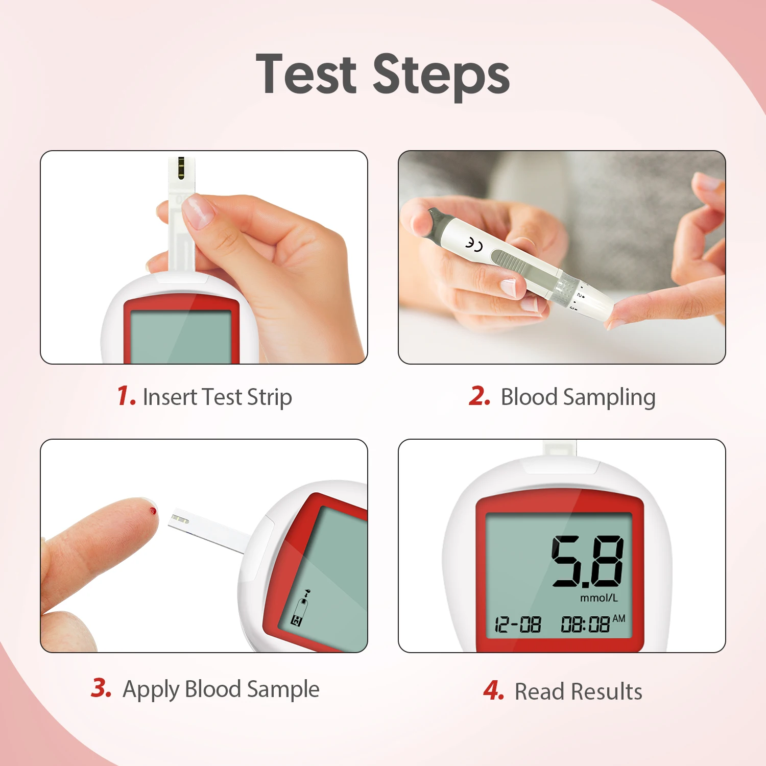 SEJOY 100 Stück Blutzuckerteststreifen für BG201/202/203, Blutzuckermessgerät Diabetes-Testkit mit 25 Stück Teststreifen/Lanzetten – Detail 9