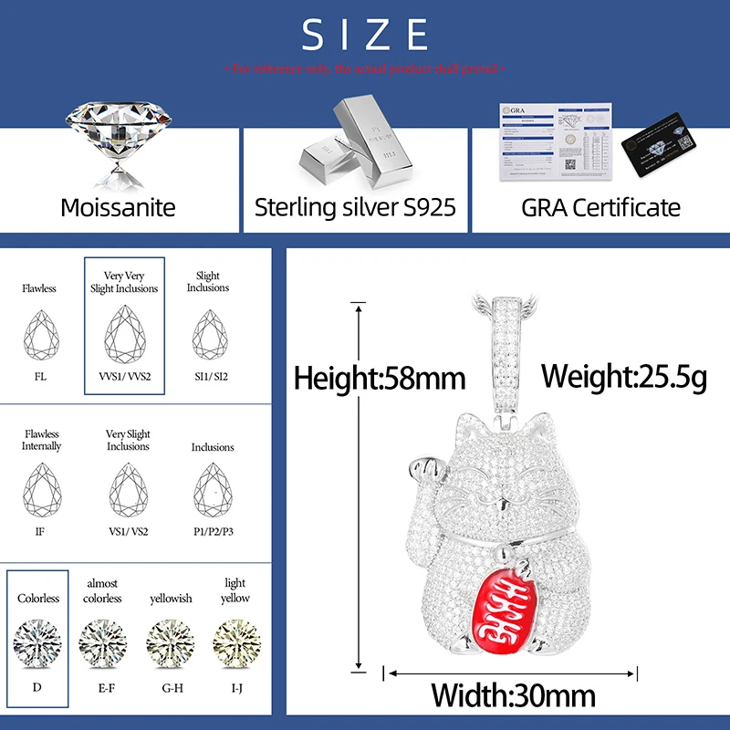 Original Pandora 925 Charms Lucky Cat Pendant Necklace D Color Shiny Moissanite with GRA Certificate 18k Plated Jewelry Gifts