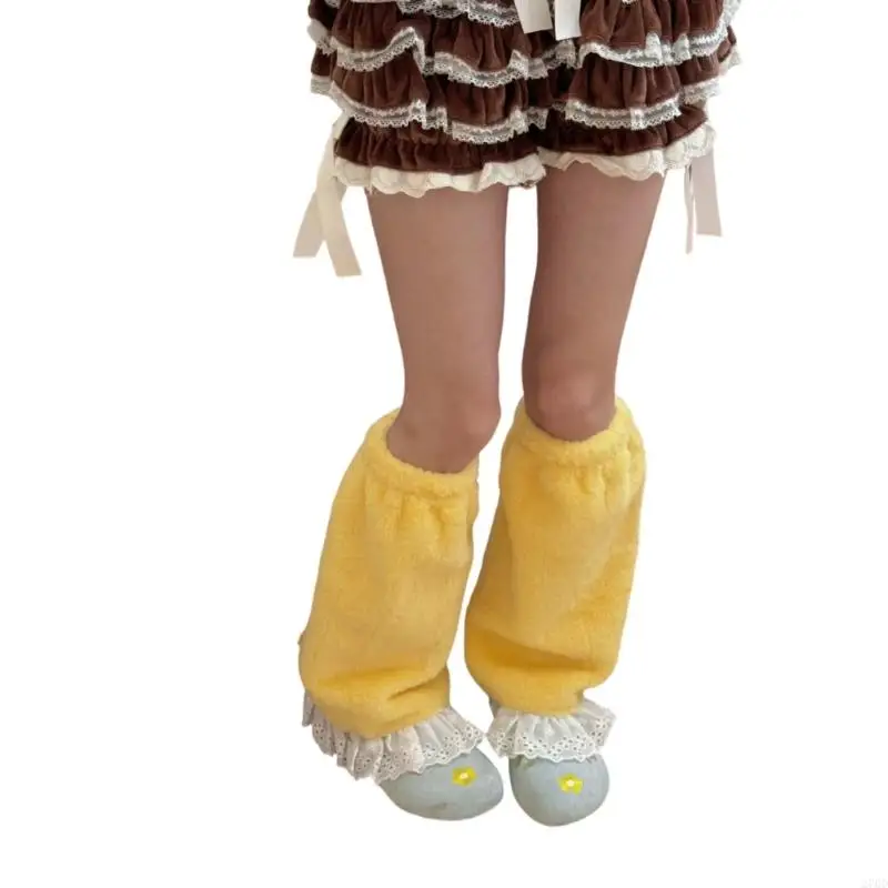 Women's Ruffle Lace Trim Fuzzy Leg Warmers Elasticated Fleece Winter Leg Covers