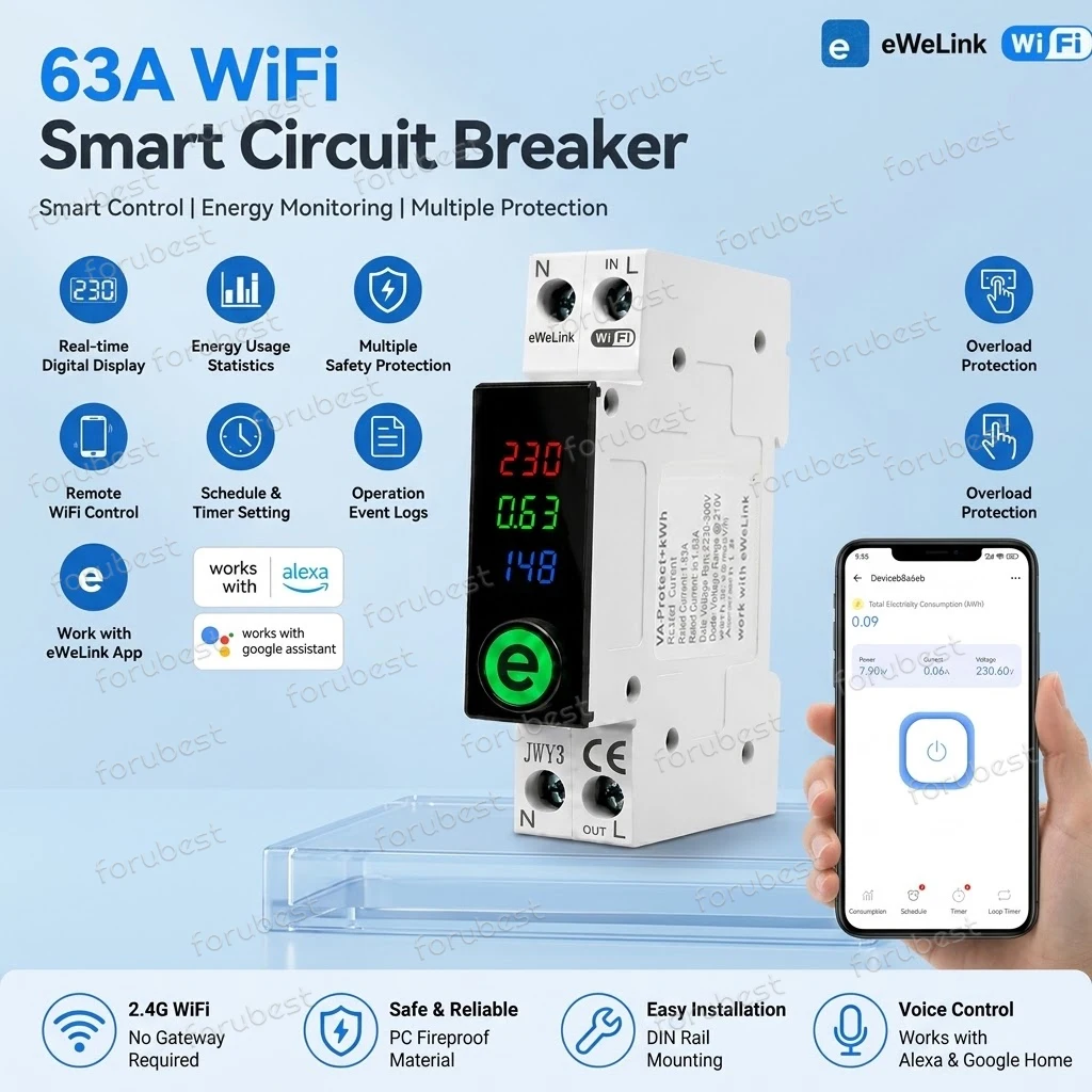 EWeLink WiFi Smart Circuit Breaker 1P+N 63A MCB Timer Relay Switch Energy Metering KWh Voltage Current Protector Remote Control