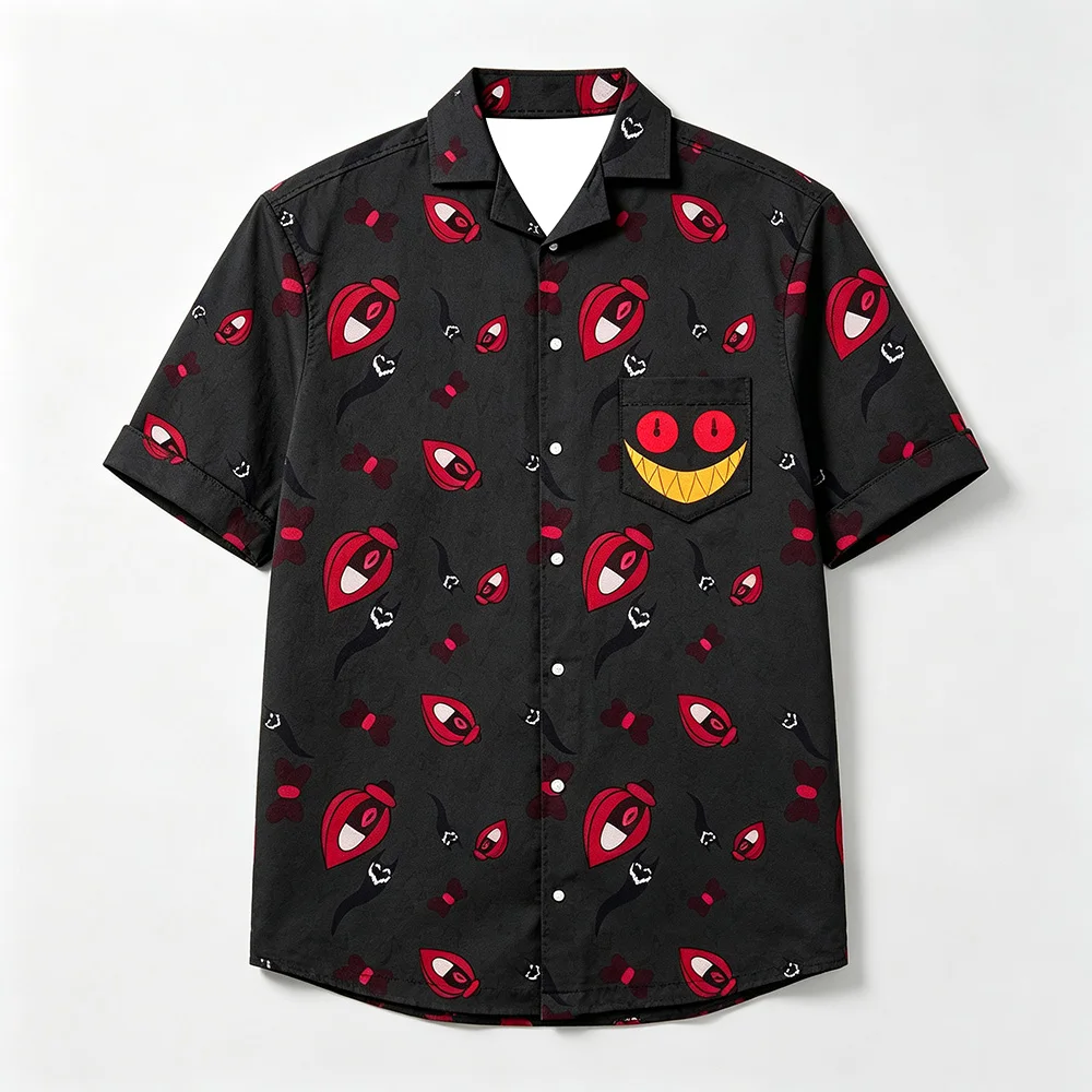 Alastor Button Up Shirt Anime HazbinHotel Hawaiian Shirt Men Women 3D All‑Over Print Short Sleeve 3D All Over Print Merch Tops