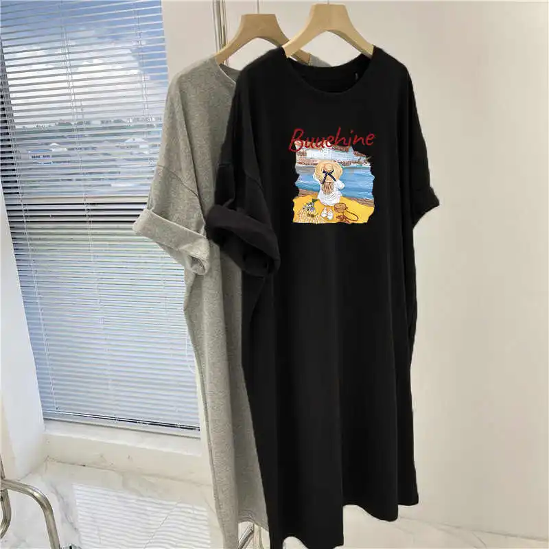 2025 Nuovo fiocco stampato manica corta abito lungo estate allentato casual al ginocchio abiti t-shirt coreano semplice versatile top